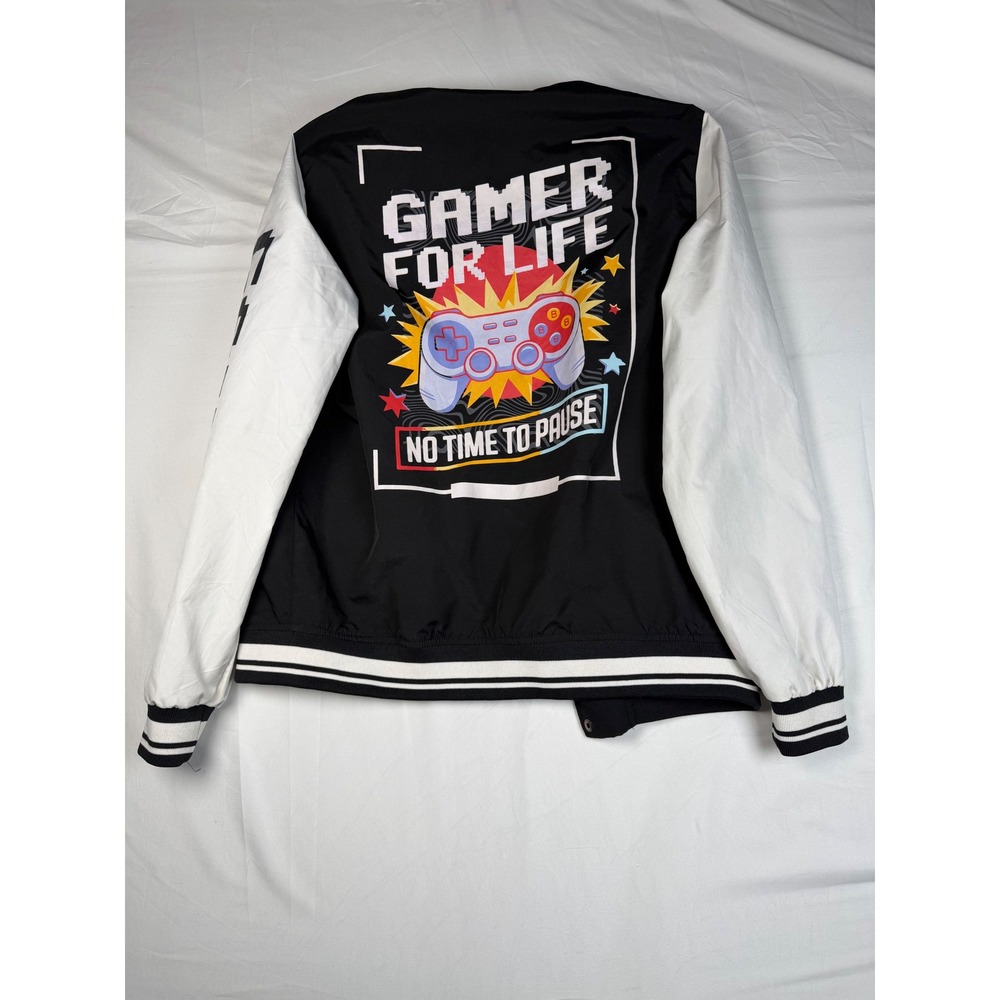 Seven Souls Gamer For Life Varsity Bomber Jacket Black White Boys 14/16 Large